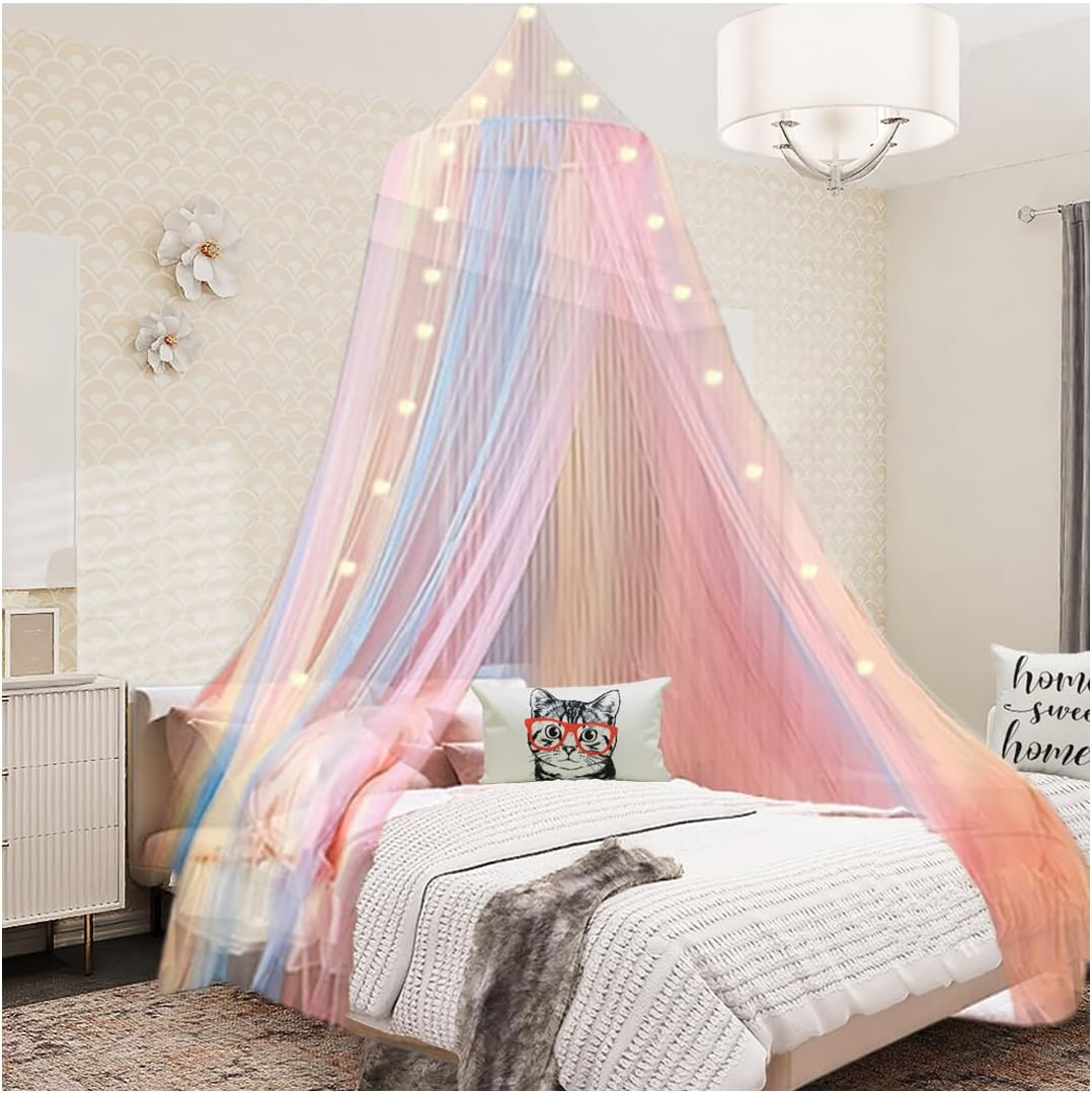 Rainbow Bed Canopy for Girls with Lights Princess Canopy for Girls Bed Mosquito Net for Single Twin Full Queen Size Reading Nook Canopy Bed Curtains Room Decor image number 5