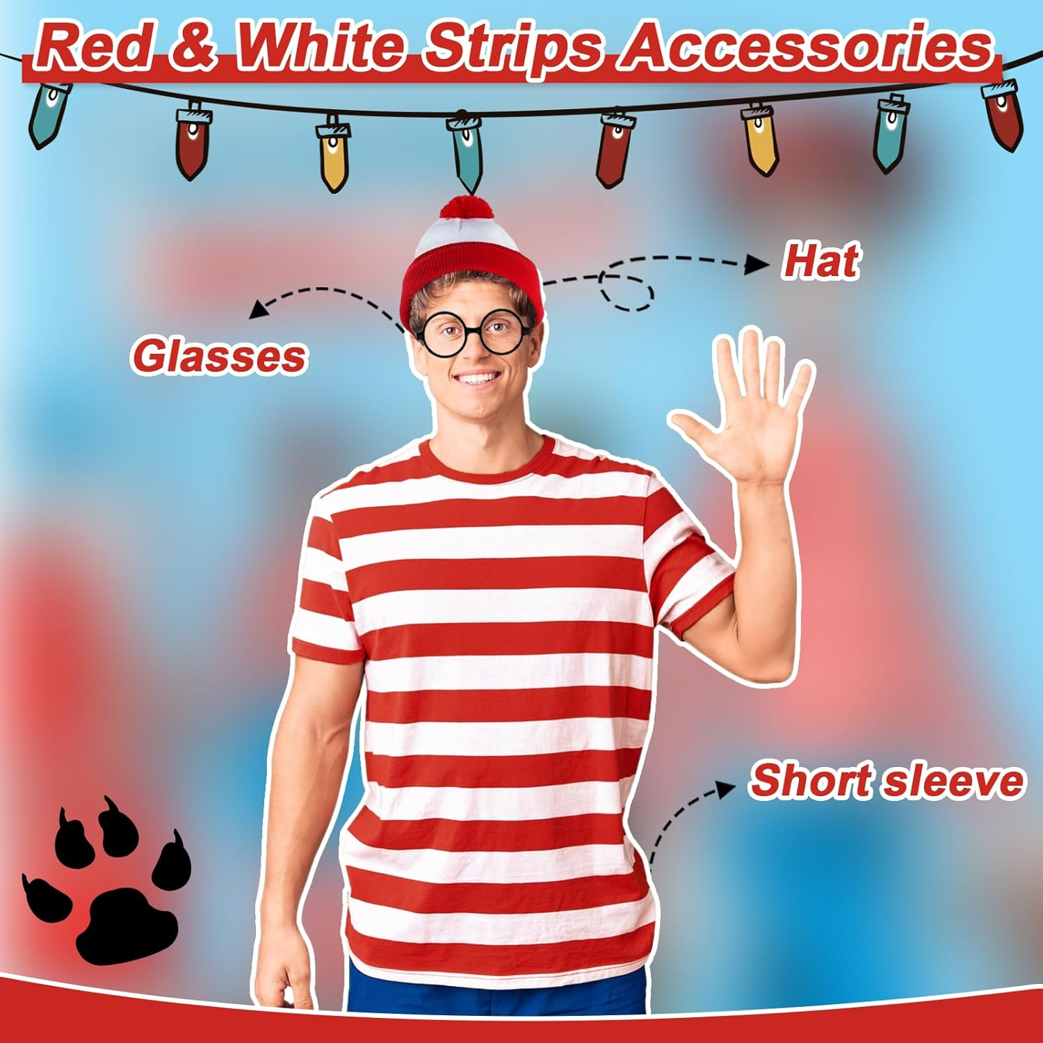 Wally Costume Cosplay Accessories Set with Red and White Striped T-Shirt, Beanie Hat, Black Nerd Glasses Fancy Dress for Adult, Kids World Book Day, Halloween，School Dress up Day image number 4