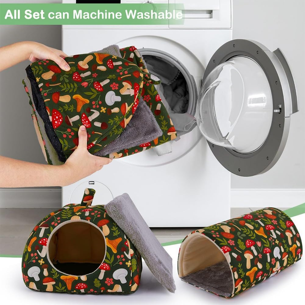 2 Pieces Guinea Pig House and Tunnel Hideout Soft Plush Semi-Enclosed Rabbit Bed House with Thick Washable Pad Winter Small Pet Hideaway Cage Accessories for Ferrets Hamsters Hedgehog Dwarf (Set 2) image number 2