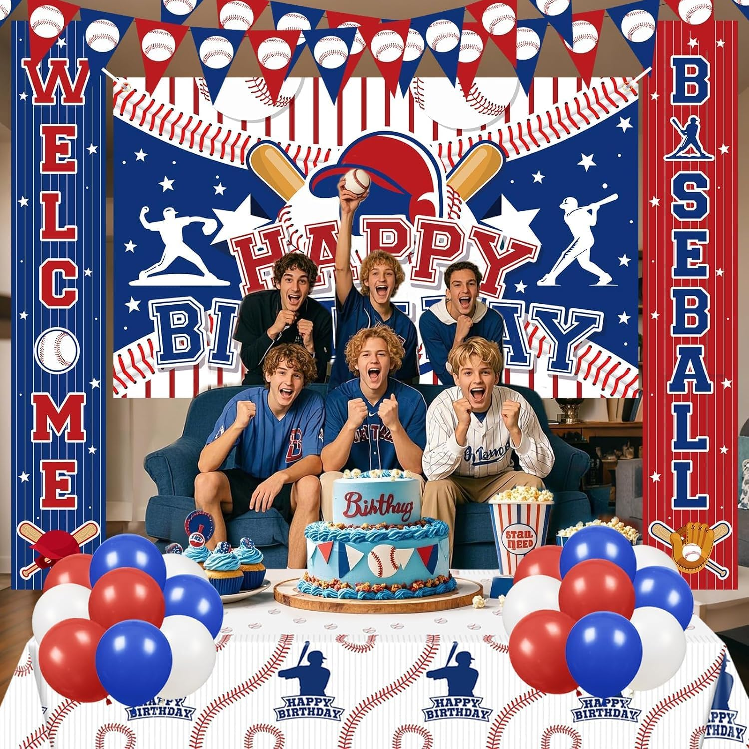 Baseball Birthday Backdrop - Extra Large 1.8M X 1.15M Sports Fabric Banner for Kids Parties - Premium Photo Booth Background with Cartoon Baseball Design - Party Decorations for Boys & Girls image number 2