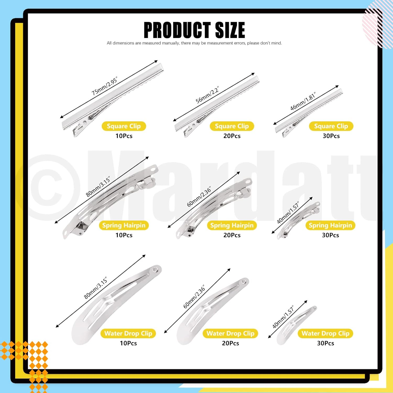 Mardatt 180 Pcs 9 Style Metal Hair Clip Assortment Set Silver Snap Hairpin French Blank Barrettes Single Prong Pin Curl Sectioning Clips Accessories for DIY Hairdressing Making Hair Care image number 3