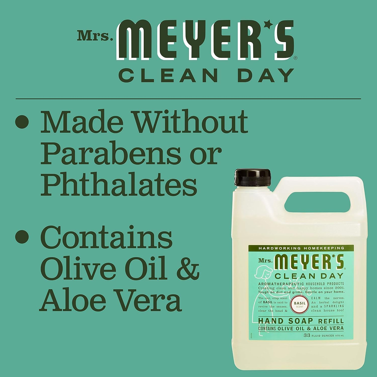 Mrs. Meyer'S Hand Soap Refill, Made with Essential Oils, Biodegradable Formula, Basil, 33 Fl. Oz - Pack of 2 image number 4