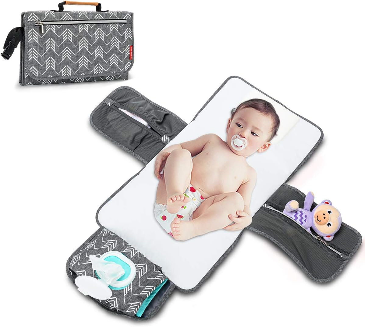 Portable Nappy Changing Mat, Baby Travel Changing Mat with Storage Pockets for Toddlers Infants & Newborns, Grey image number 1