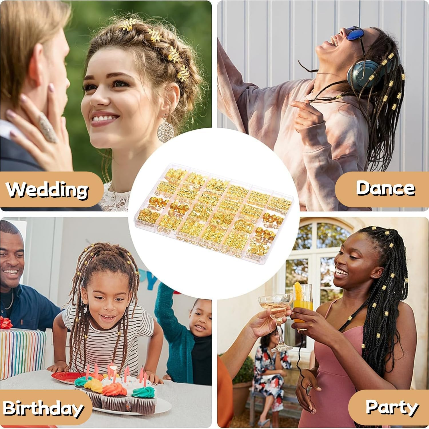 220 Pcs Gold Dreadlock Beads and Hair Cuffs Set, Decorative Hair Accessories Kit with Spiral Coils and Braiding Rings image number 1