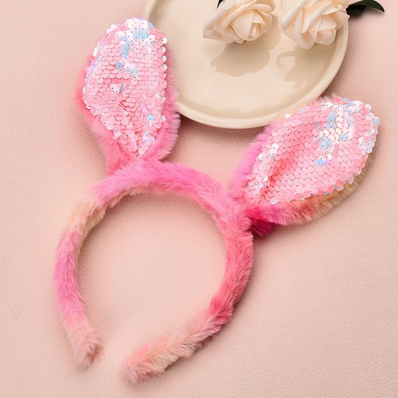 Plush Bunny Ears Headband Glitter Easter Headbands for Women Girls Sequin Rabbit Ears Hairbands Rabbit Ear Hair Hoop Easter Hair Accessories for Women Girls image number 3