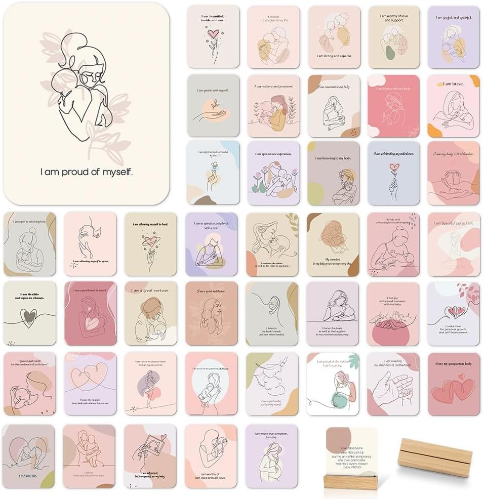 BIROYAL 45 PCS New Mom Affirmation Cards for Post Partum/Postpartum - New Mom Essentials Gifts with Empowering Messages - Postpartum Affirmation Cards with Wooden Stand and Metal Box image number 3