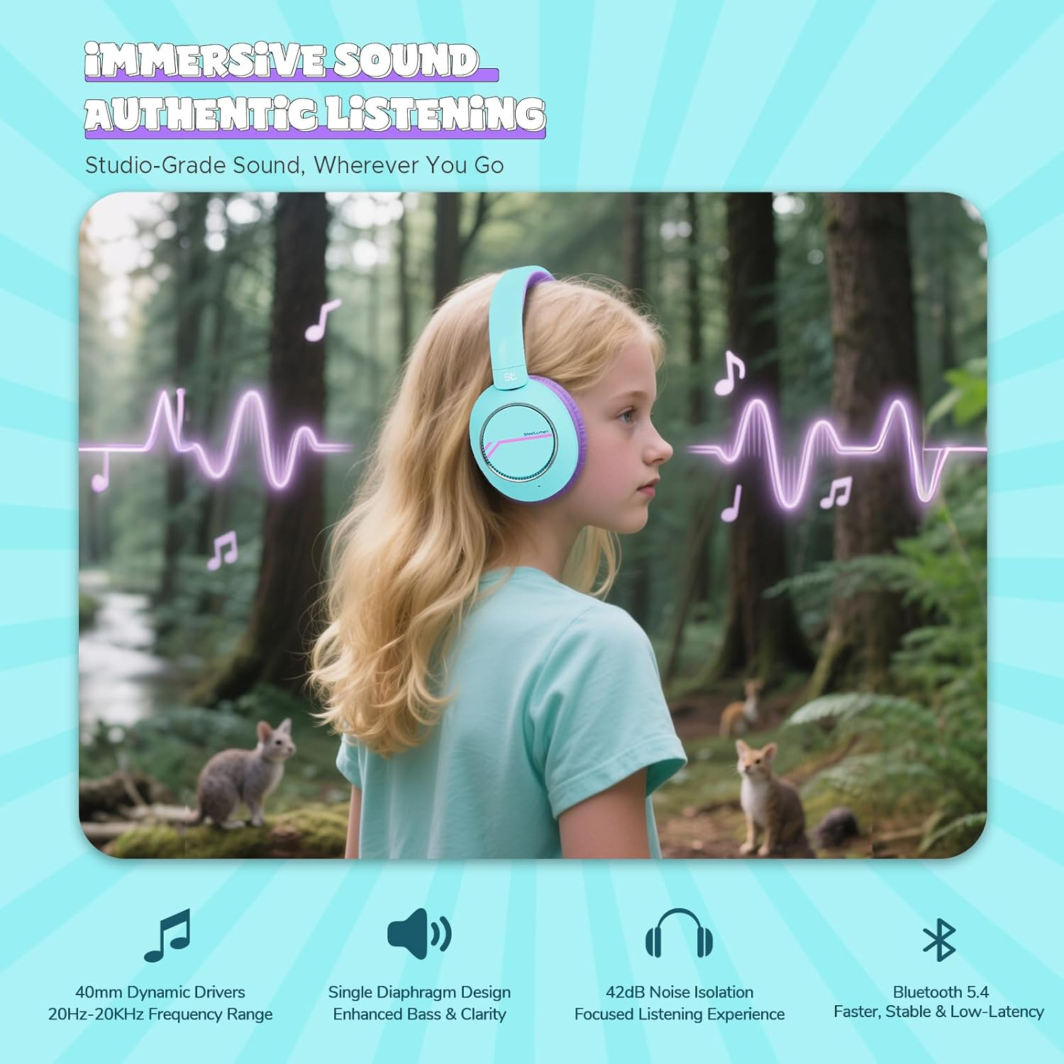 Steellumen Children'S Active Noise Cancelling Bluetooth Headphones, 74/85/94 Dba Safe Volume, Bluetooth 5.3, Comfortable Children'S Headphones Wireless for Air Travel image number 3