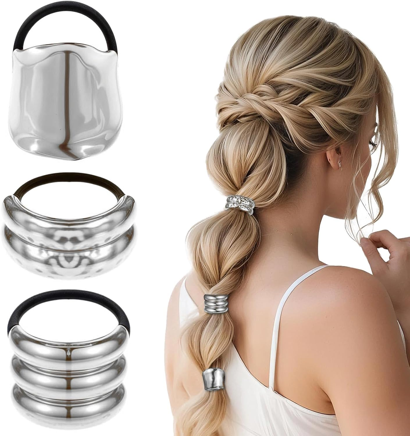 YUBBYSTU 3 Pcs Hair Cuffs for Ponytails, Metal Hair Ties for Thick Hair Ponytail Hair Cuff Silver Hair Ties Hair Wrap Hair Elastic Ties for Women Holder Hair Accessories