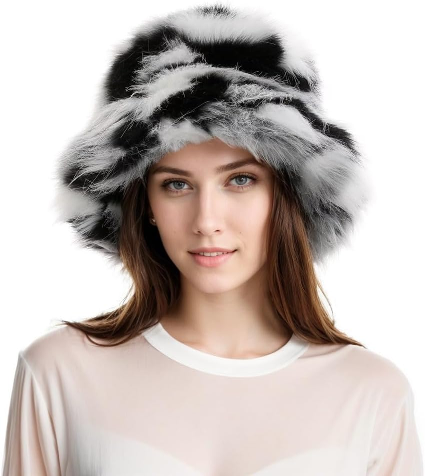 Tngan Rainbow Bucket Hat for Women Cute Faux Fur Fisherman Hat Fuzzy Winter Warm Cap Fluffy Hat for Outdoor Activities
