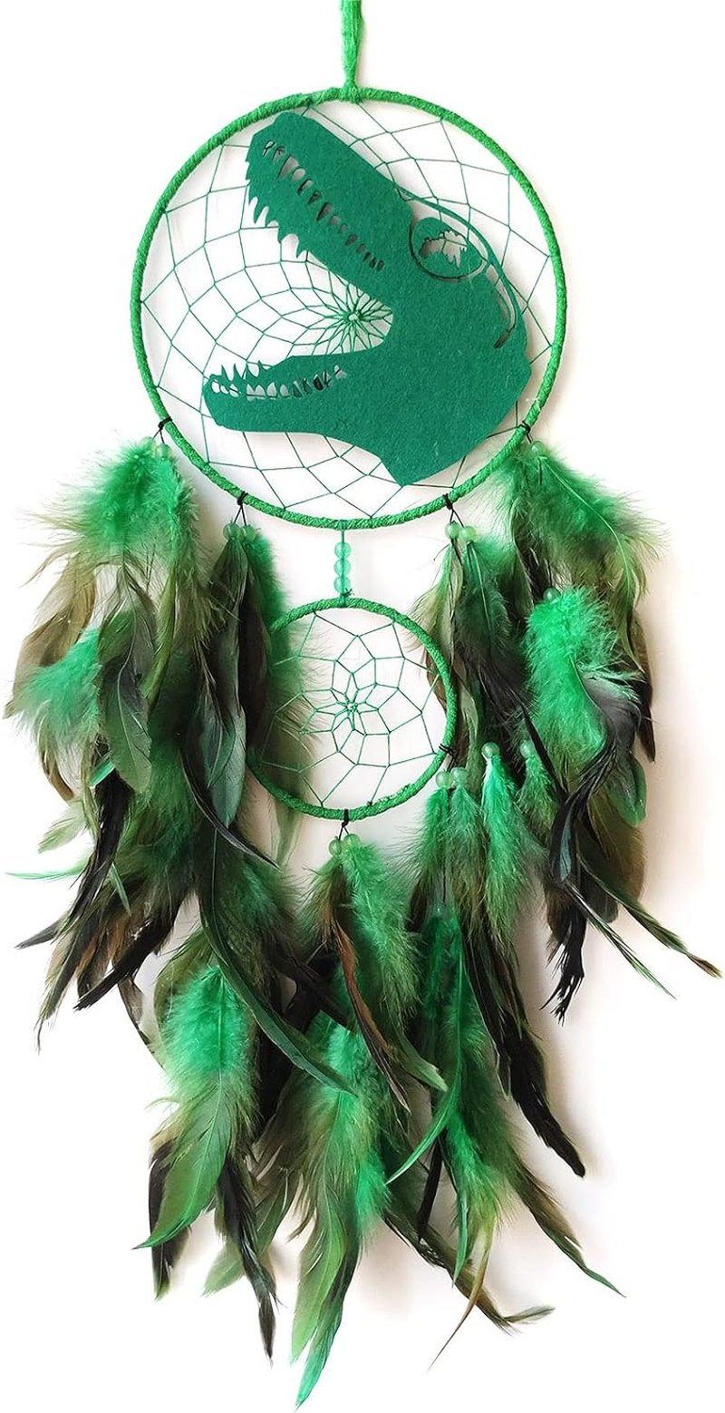 Donko Green Large Dream Catcher Wall Decor Dinosaur Dream Catchers Handmade Feather Dreamcatcher Wall Hanging Ornament for Bedroom Living Room Home Decor image number 1