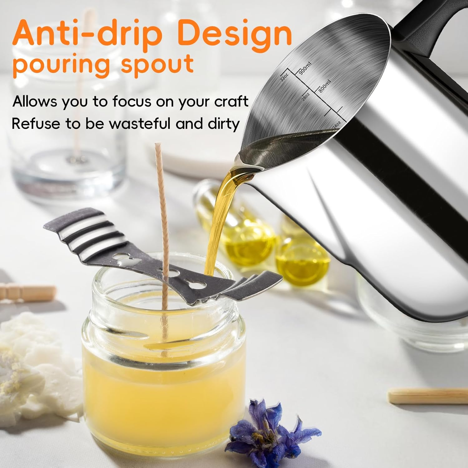 Casaculina Candle Making Pouring Pot, 32Oz Stainless Steel Wax Melting Pot with Heat-Resistant Handle, Double Boiler Candle Making Pitcher with Dripless Pouring Spout Design image number 2