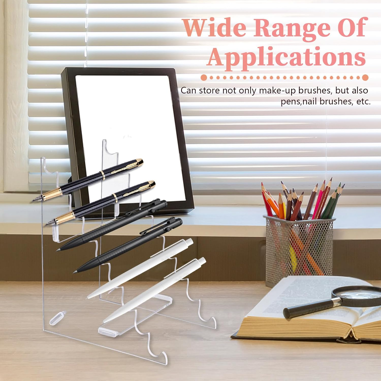 YITOBA 9-Slots Pen Display Stand Holder, Vertical Pen Stand Rack, Acrylic Brush Holder for Cosmetic Tools, Makeup Brush Organizer for Vanity, Clear Paint Pencils Rack for Office (Clear) image number 3