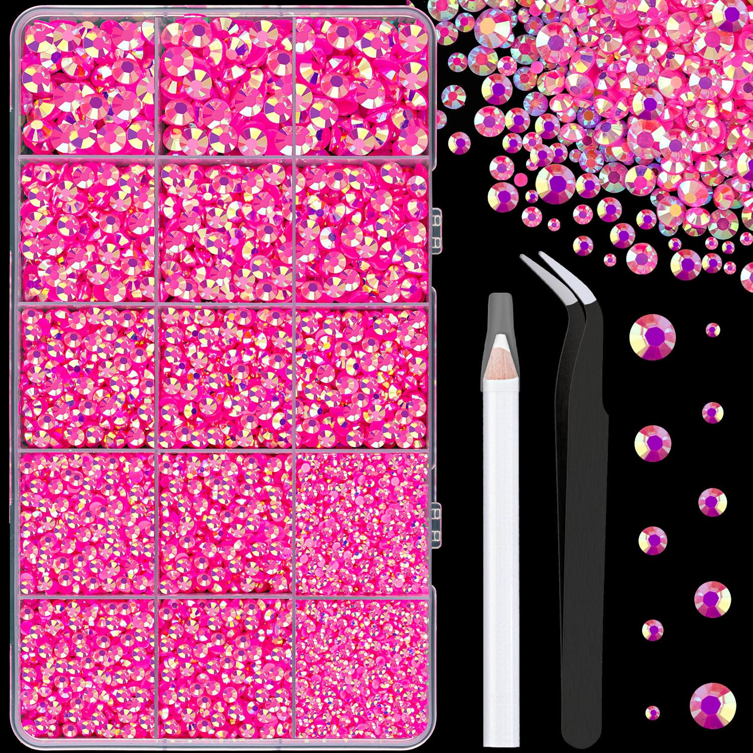 16000Pcs Resin Jelly Rhinestones with Tweezers for Crafting, Hot Pink AB 2-6Mm Mixed Sizes Flatback Gems, Bedazzling Crystal for DIY Crafts Clothing Tumblers Mugs Shoes Fabric Nail Art