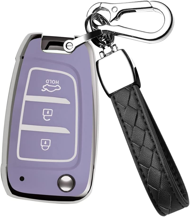 HIBEYO Flip 3 Button Key Fob Cover for Hyundai Elantra Solaris 2 Tucson I30 I35 I40 Ix35 Kona Genesis Santa Fe Azera Verna Accent Celesta Sonata Car Accessories with Keychain-Leather Key Chain(Purple) image number 3