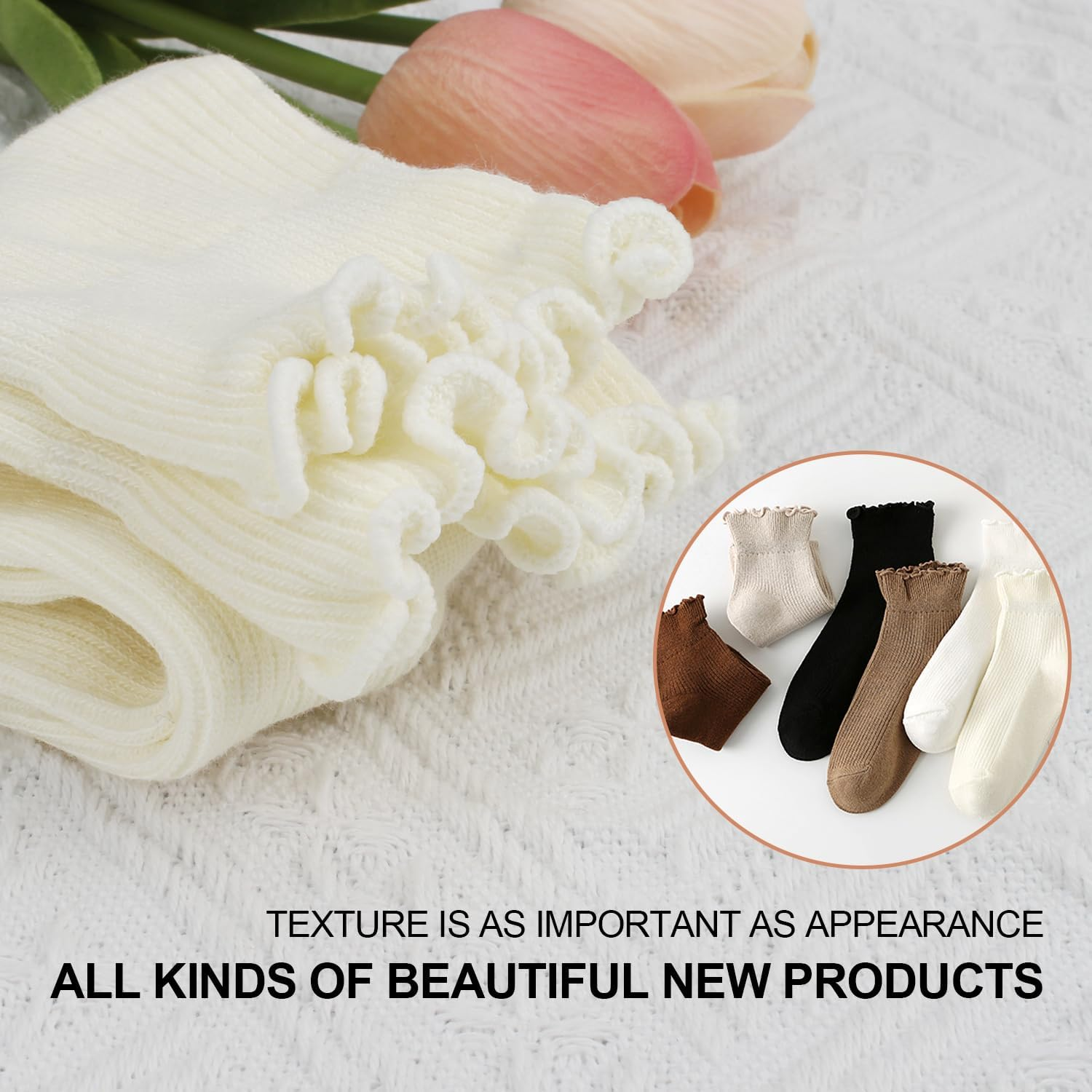 6 Pairs Womens Ruffle Socks,H HOME-MART Ruffle Turn-Cuff Casual Ankle Frilly Socks White Crew Socks Women Breathable Cool image number 2