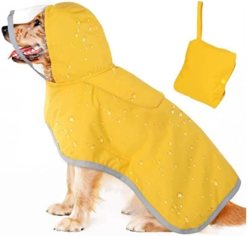 Dog Raincoat with Hood, Waterproof Nylon Shell, Reflective Strips, Yellow, Adjustable with Lead Hole (XL)
