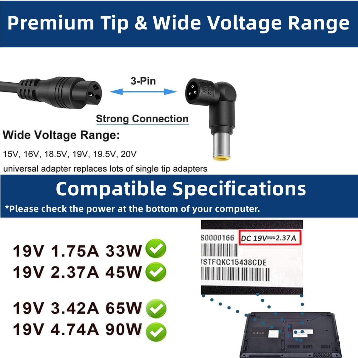 Universal Laptop Charger AC Adapter for HP Asus Acer Toshiba Dell Lenovo Fujitsu Gateway Ultrabook Chromebook IBM Compaq Samsung Sony Notebook Power Supply 18V 19V 20V 6A 90W 13 DC Tips