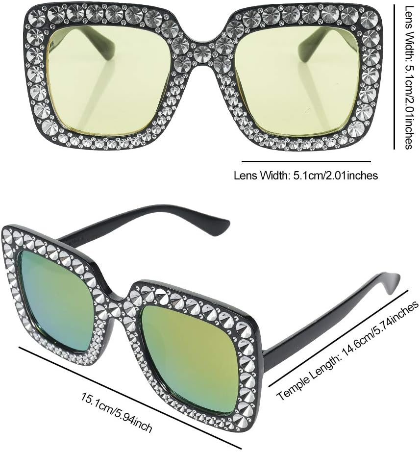 6 Pack Oversized Square Sparkling Sunglasses Retro Thick Frame Rhinestone Sunglasses Bling for Women Girls (Yellow, Pink, Light Yellow, Grey, Tawny), Light Gray, Clear Pink, One Size