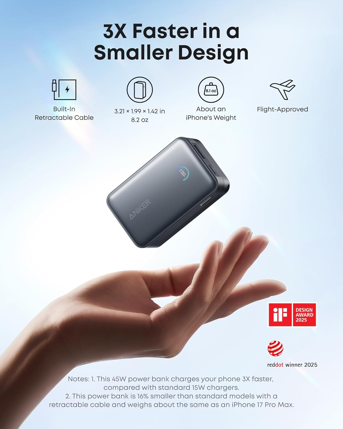 Anker Nano Power Bank, 10,000Mah Portable Charger with 2.3 Ft Instacord Retractable Cable, 45W Max Compact Battery Pack, Smart Display, for Iphone 17 Series, Ipad, Galaxy, Pixel, and More