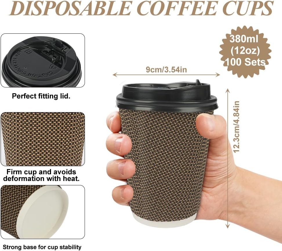 Okam Disposable Coffee Cups with Lids 12Oz (380Ml) - 100 Sets - Corrugated Ripple Wall Paper Cups - for Takeaway Coffee/Hot Chocolate - 3-Layered Wall for Hot/Cold Drinks - Coffee Shop Bulk Buy image number 3