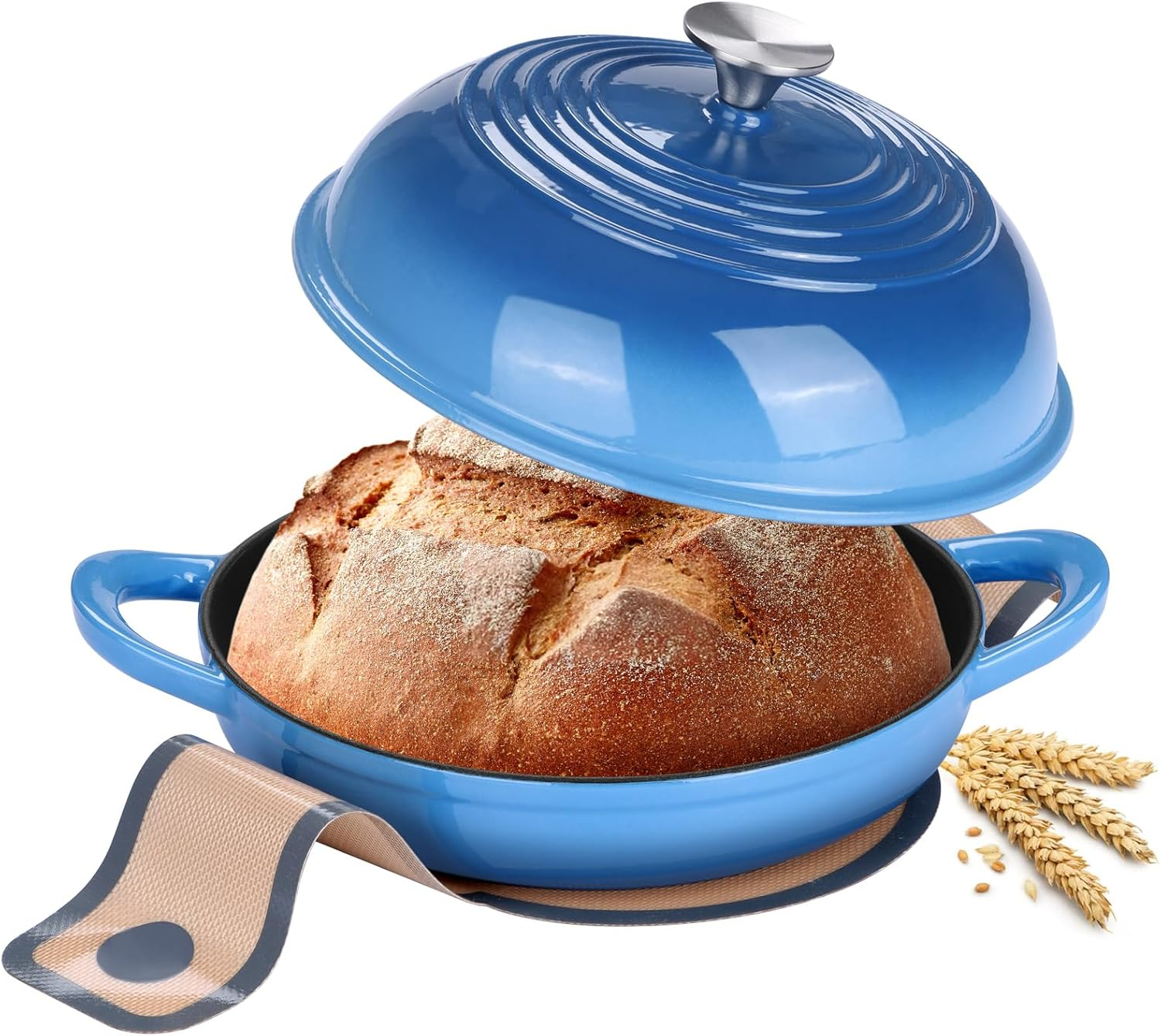 Round Bread Oven for Homemade Sourdough Bread Baking, Leonyo Enameled Cast Iron Dutch Oven Pot with Dome Lid, Non Stick Silicone Baking Mat for Cooking, 6 Quart, Blue