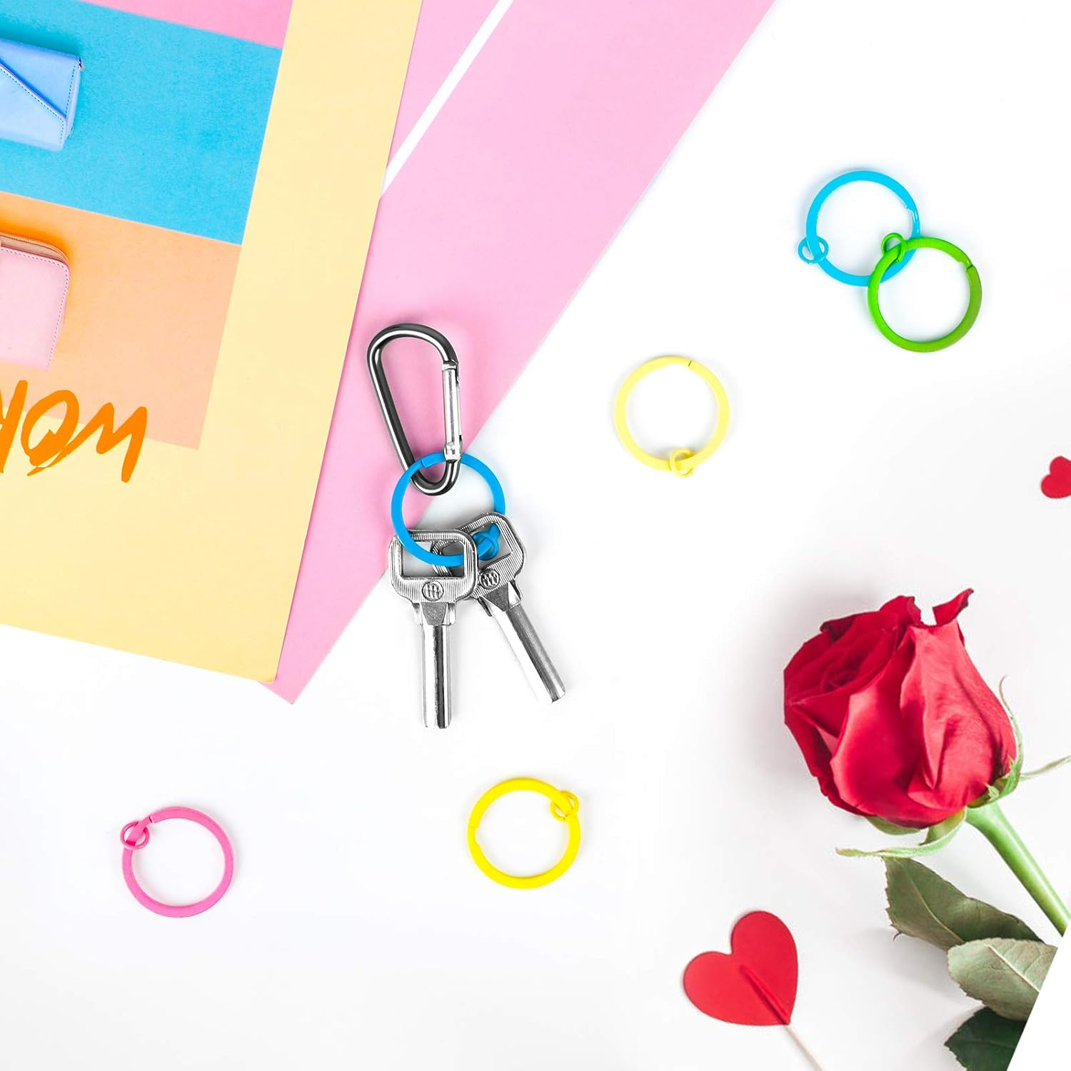 Flat Split Key Rings 100 PCS Metal Colorful Paint Split Keychain Rings 30Mm Flat Split Rings Keyring Making Kit for Home Car Keys Attachment DIY Crafts Decorations (Random Color)