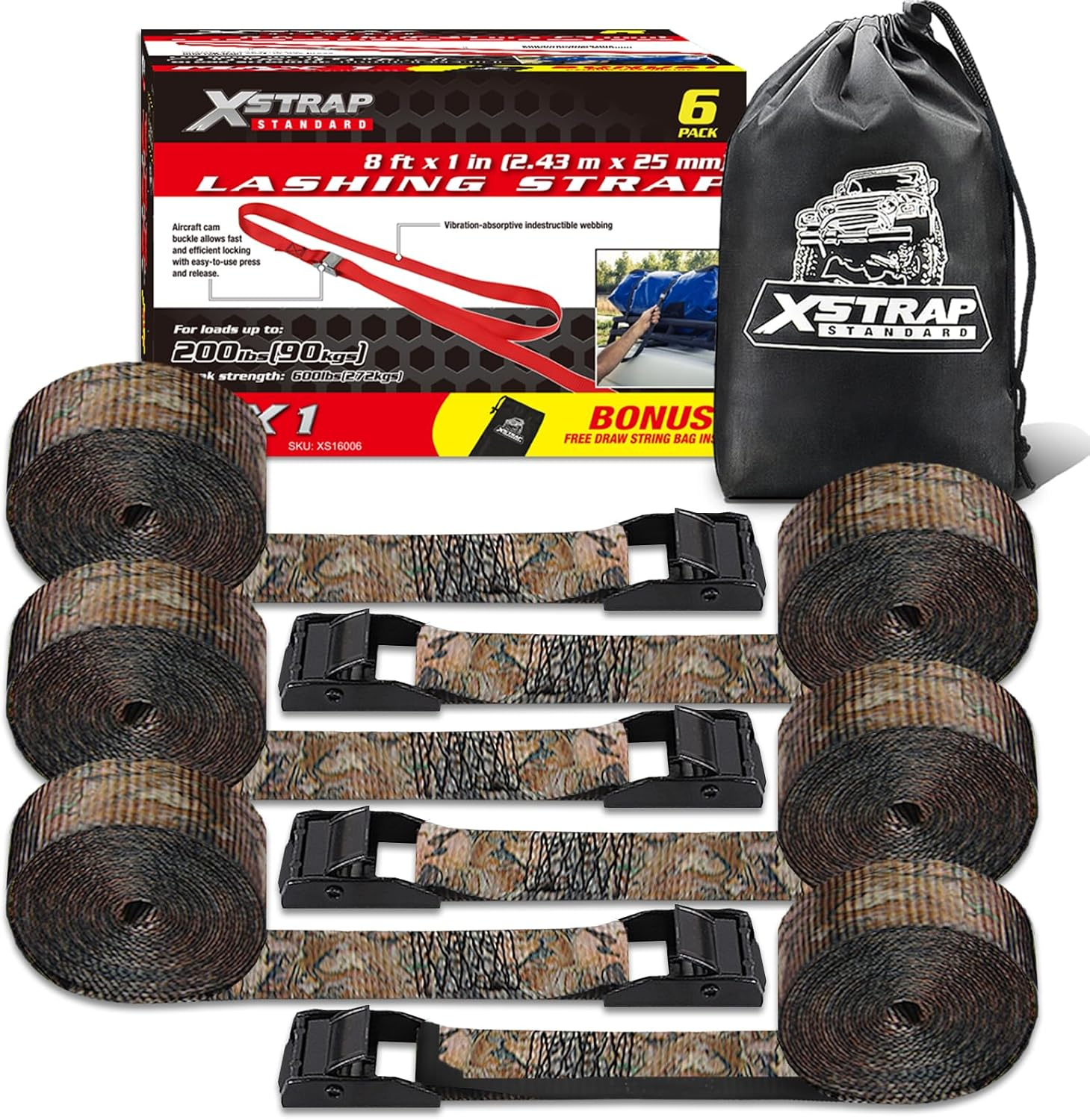 XSTRAP Ratchet Tie down Straps 6PK 8FT 1-Inch, Red