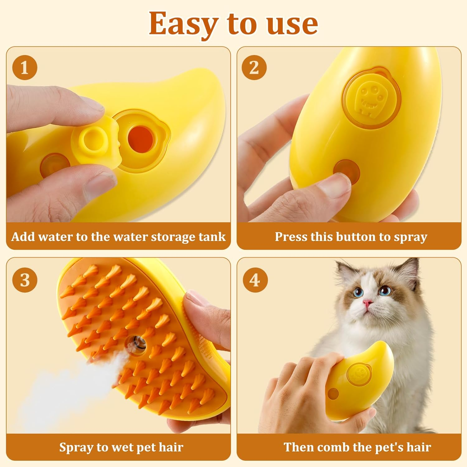 Steamy Cat Brush 3 in 1 Cat Steamy Brush USB Rechargeable Steamy Cat Brush for Shedding Efficient Cat Grooming Brush 4.5&times;2.6&times;2.4 Inch Cat Steam Brush Cat Steam Brush for Removing Tangled Loose Hair (Yellow) image number 5
