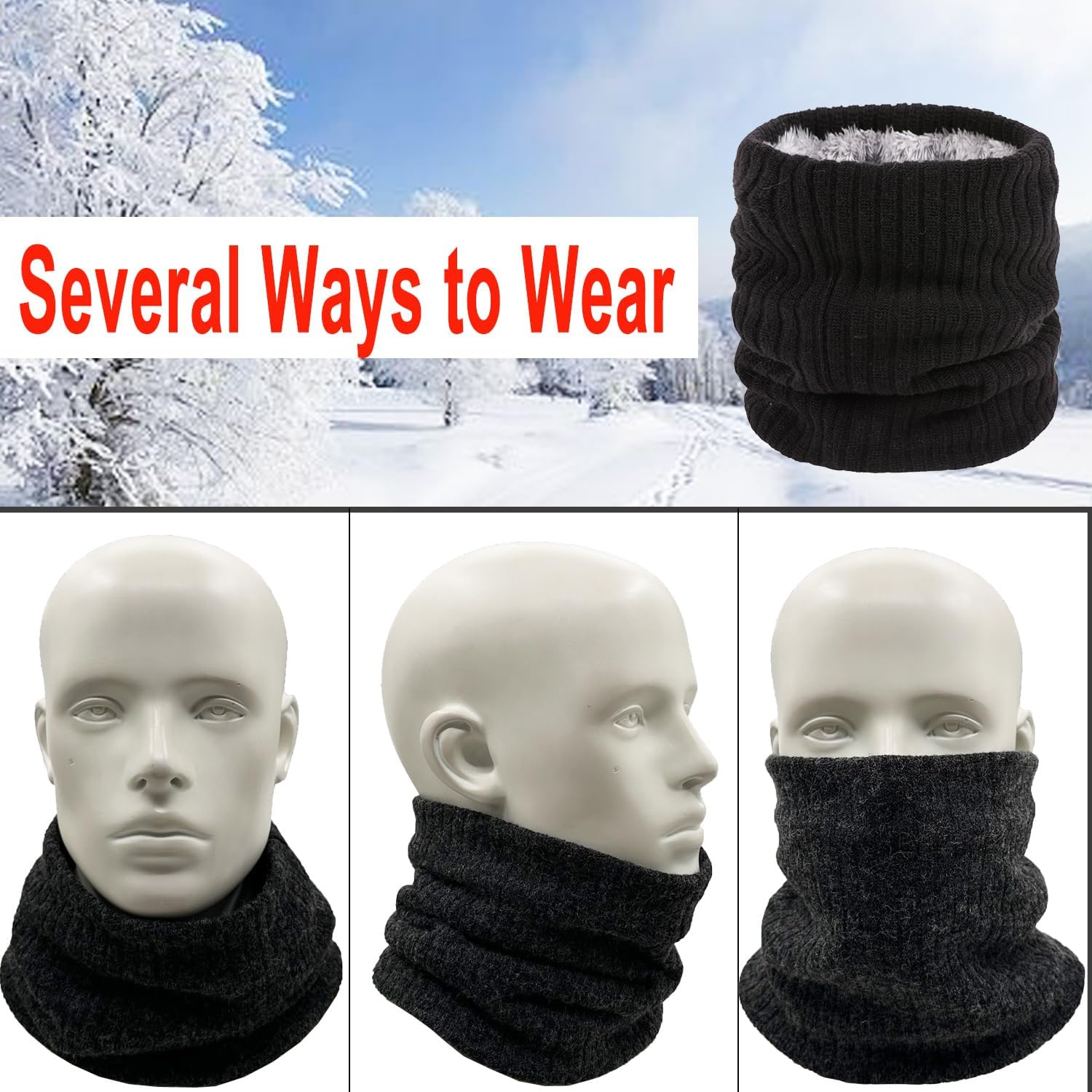 Lifwimner Winter Fleece Neck Warmer Mens Ski Mask Face Warmer Neck Gaiter Neck Scarf Women Thick Windproof 2 Pack image number 3