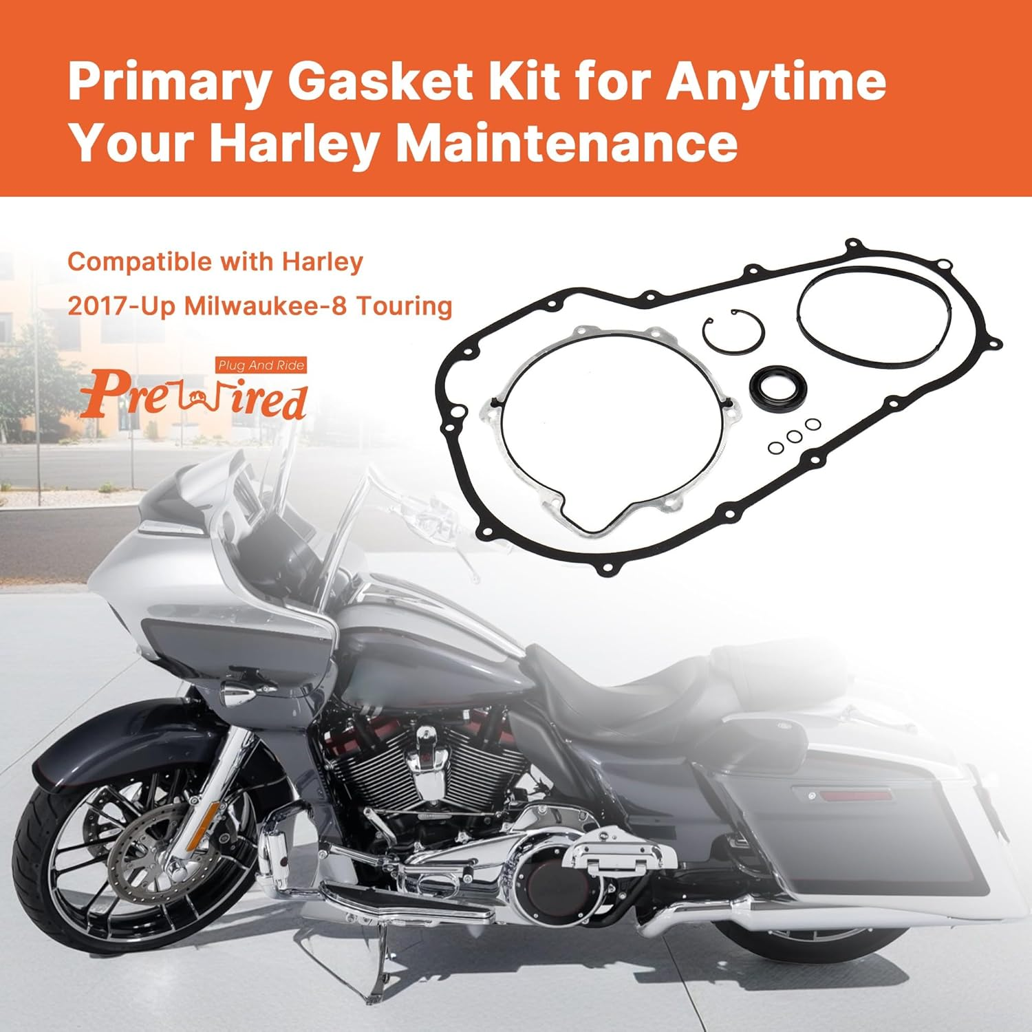 Prewired M8 Primary Cover Gasket Seal Kit for Harley 2017-Up Milwaukee-8 Touring Street Glide/Road Glide/Road King/Electra Glide Ultra Limited Models image number 3