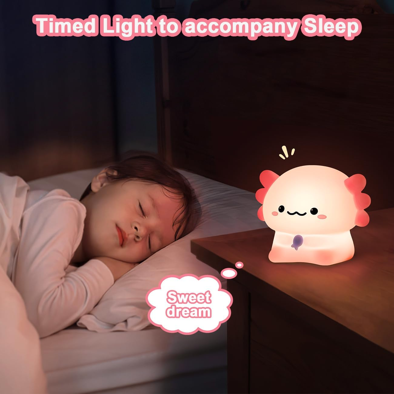 Cute Night Light, LED Squishy Novelty Animal Night Lamp, Silicone 3 Level Dimmable Nursery Nightlight for Desk Decor, Funny Gifts Stuff for Boys Girls Baby, White Elephant Gifts (Axolotl Sit) image number 1