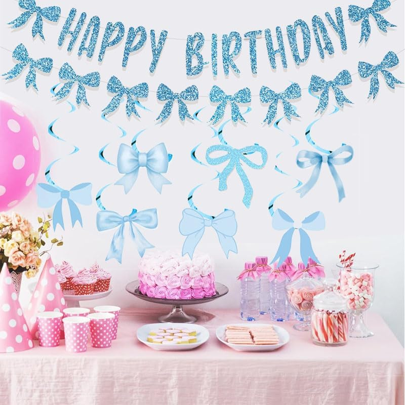 WADY 30Pcs Pink Bow Happy Birthday Banner Set with Glitter Garland & 7 Hanging Swirls, Girly Birthday Party Decorations for Girls, Bow Themed Backdrop Wall Hanging (Pink) - Pink image number 2