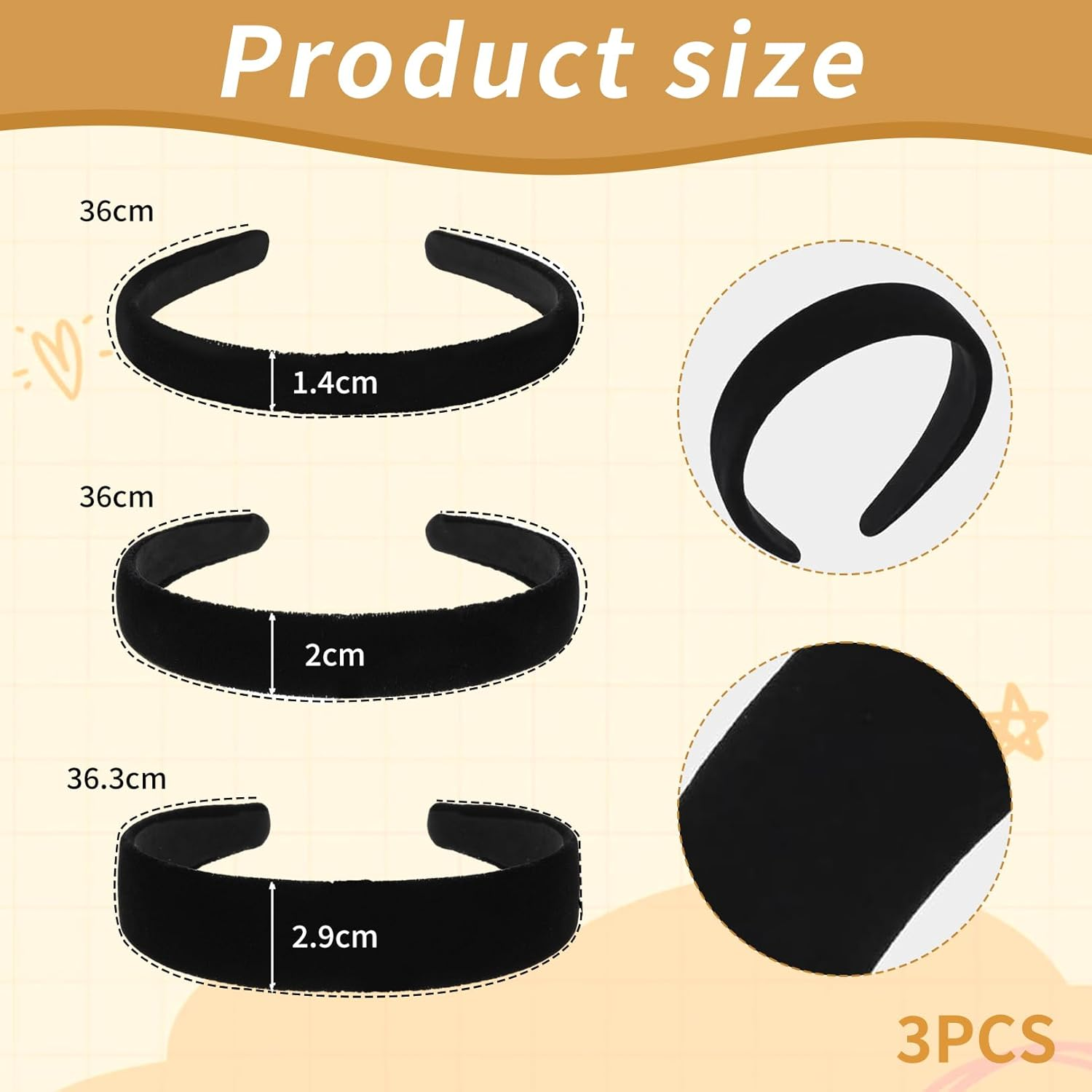 Pack of 3 Black Wide Velvet Headband Women'S Black Headband, Velvet, Headband Plain Non-Slip, Fashion Hair Accessories Girls for Christmas Gifts, a Birthday Gift, Leisure image number 4