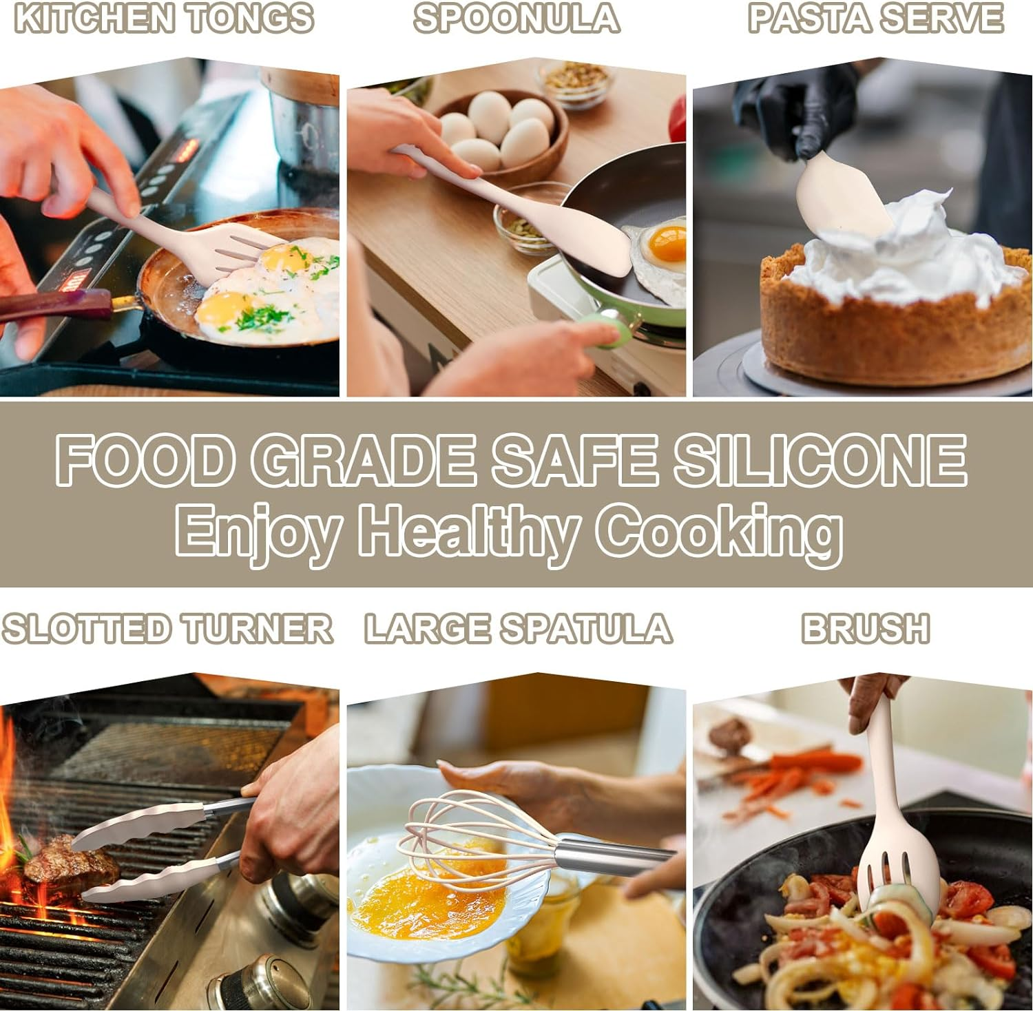 Umite Chef Silicone Kitchen Cooking Utensils Set, 22Pcs Heat Resistant Kitchen Utensils, Spatula, Spoon, Whisk, Dishwasher Safe Kitchen Utensil Gadgets Tools Set for Nonstick Cookware(Khaki) image number 4