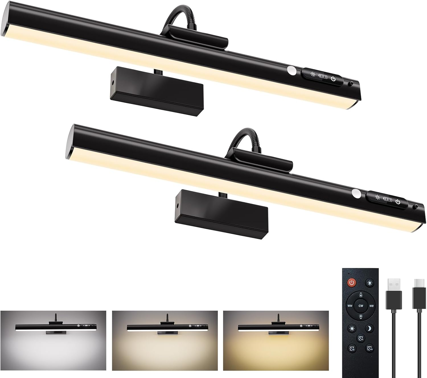 15.7'' Picture Lights for Wall with Motion Sensor, 9000Mah Rechargeable Battery Operated Poster Lights for Paintings, Portraits, Wall Decor, Gold