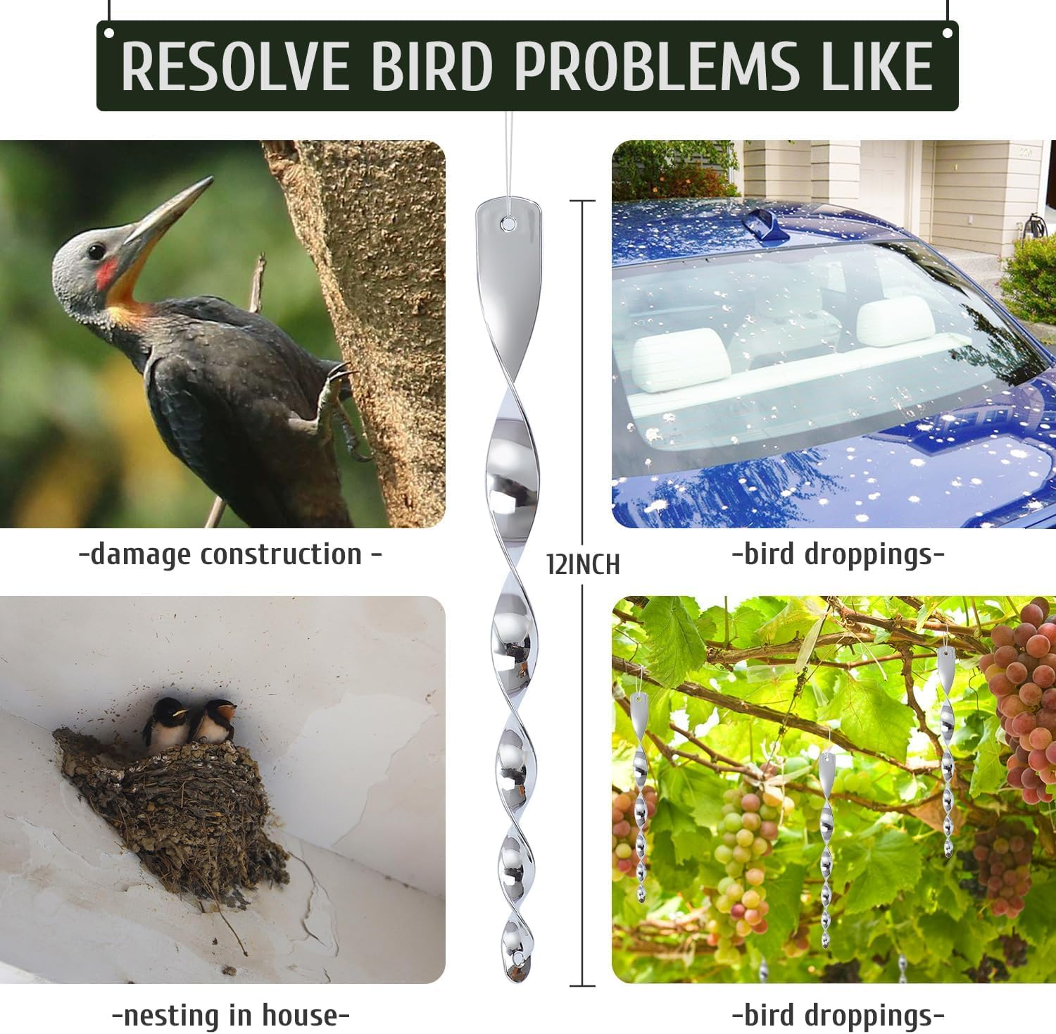 Bird Wind Twisting Scare Rods Reflective Ornamental Spiral Device (12") (Set of 12) image number 1