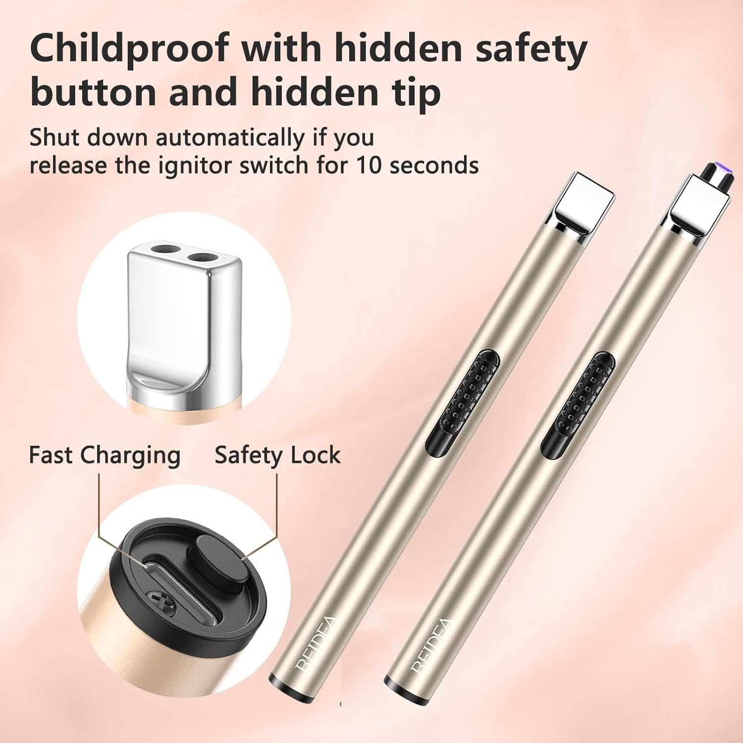 REIDEA Electronic Candle Lighter Arc Windproof Flameless USB Rechargeable Lighter with Safe Protector Button, Safety for Home Kitchen BBQ Camping Stove, USB Cable Included(Gold) image number 2