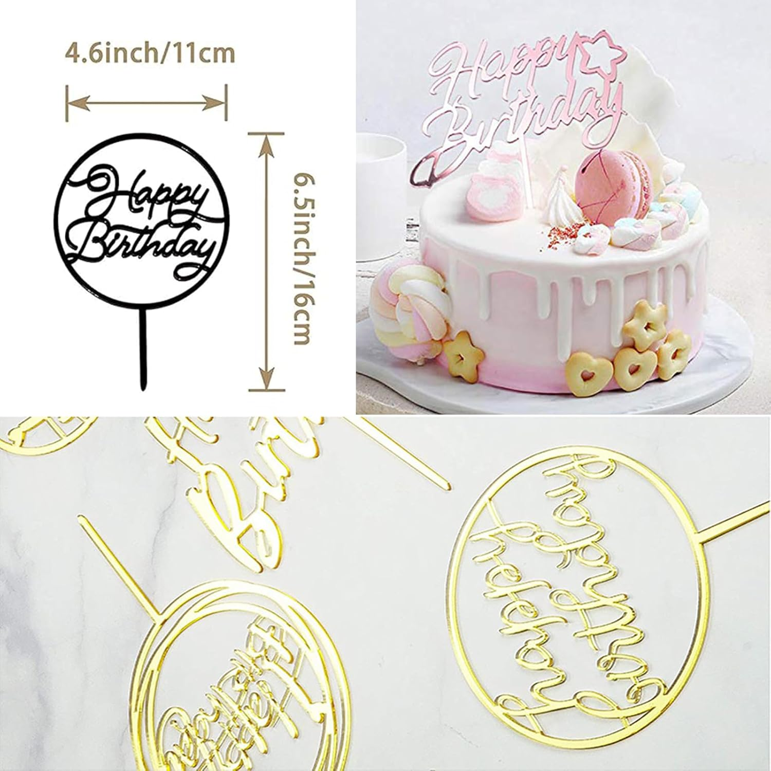 3 Colors Birthday Cake Topper Set - Double-Sided Glitter Acrylic Happy Birthday Cake Toppers & Cupcake Toppers for Birthday Party Decorations, Wedding, Anniversary, DIY Dessert Decor (18 PCS)