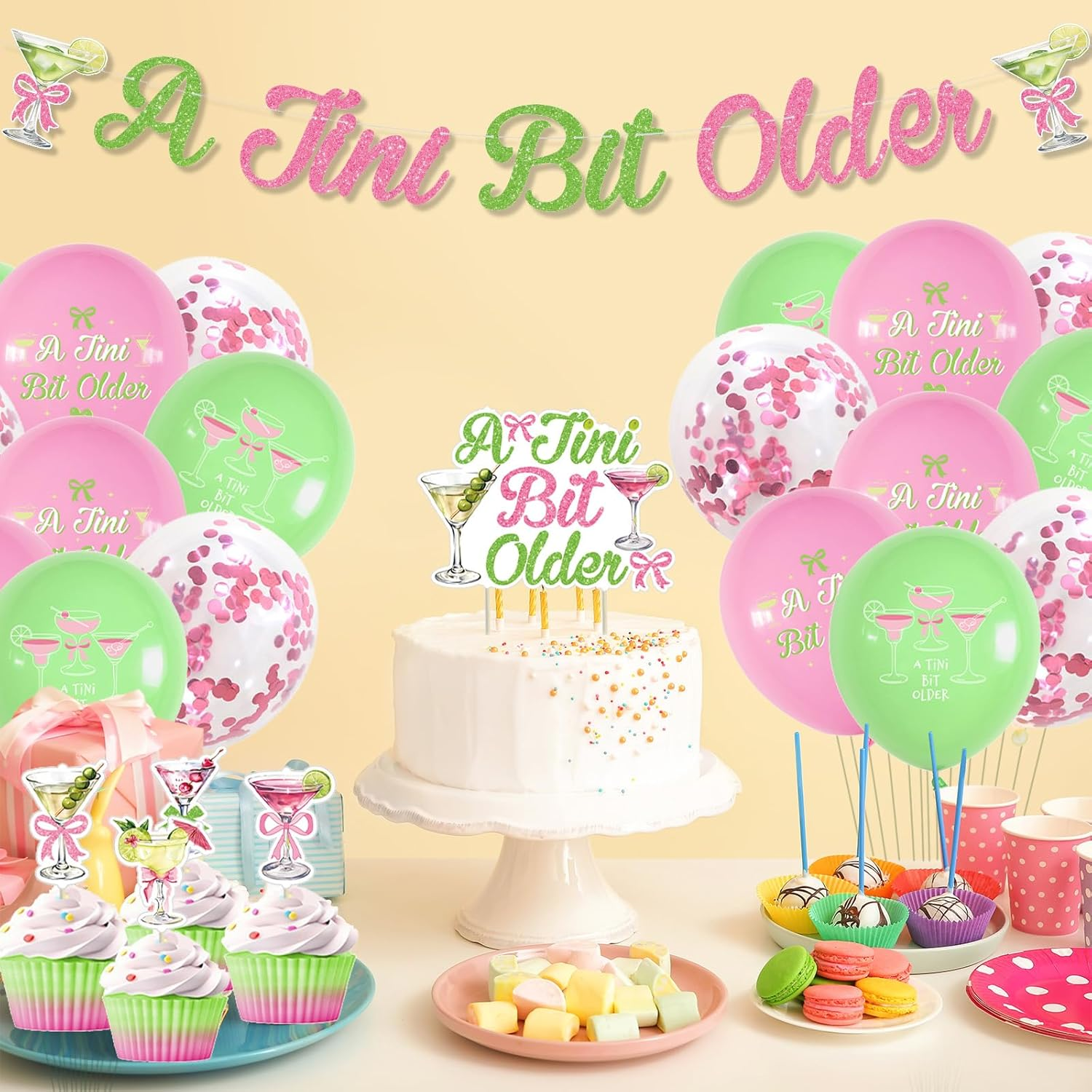 Xugoox 32Pcs Martini Bow Birthday Party Decorations, Green Pink Glitter a Tini Bit Older Banner Cake Topper Balloons for Girls Women, Martinis Party Decor for Birthday Bachelorette Party Supplies image number 4