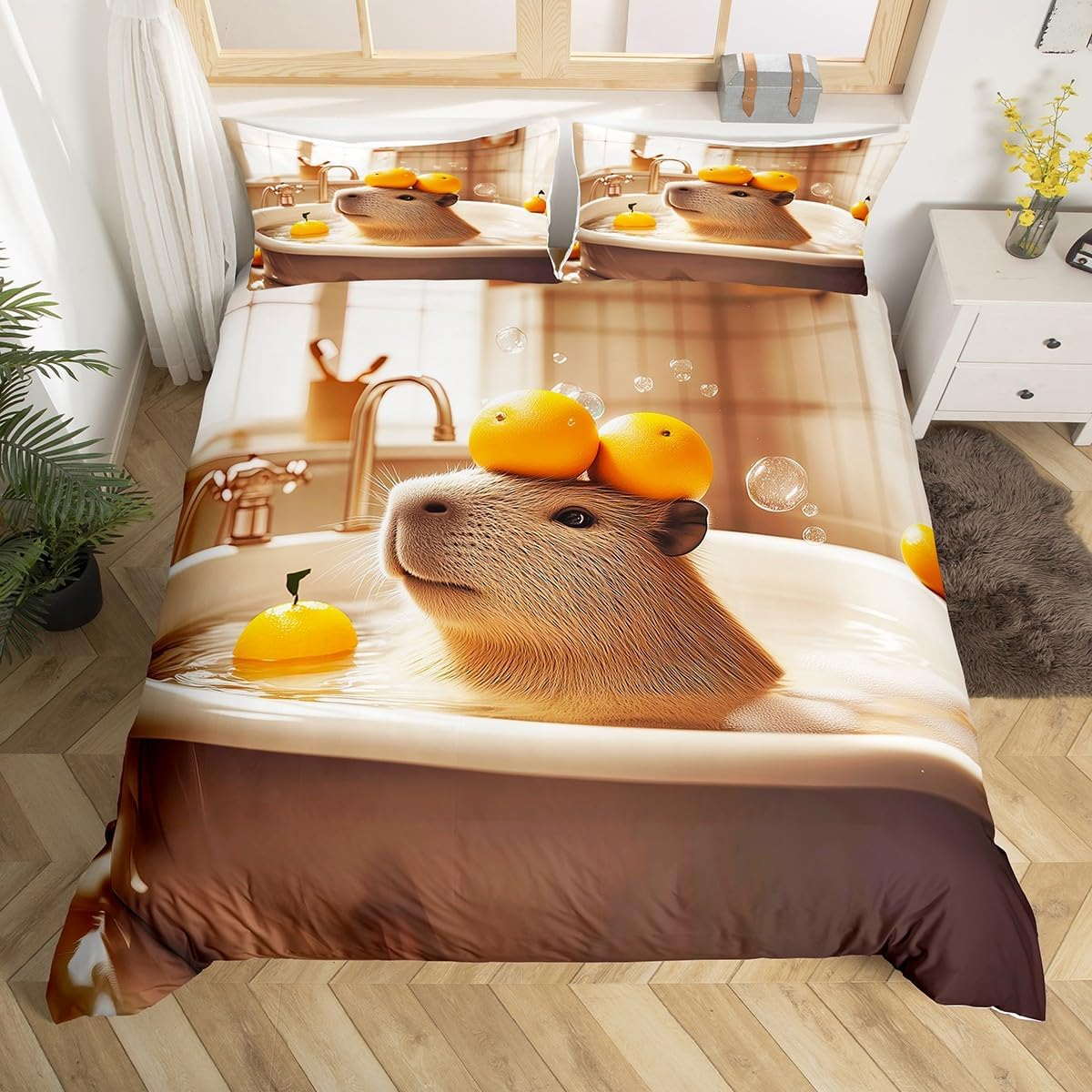 Homewish Capybara Duvet Cover 135 X 200 Cm, Cute Animal Bedding Set, Beautiful Pet Capybara Comforter Cover for Children, Boys, Girls, Children, Soft Microfibre Bed Set with 1 Pillowcase