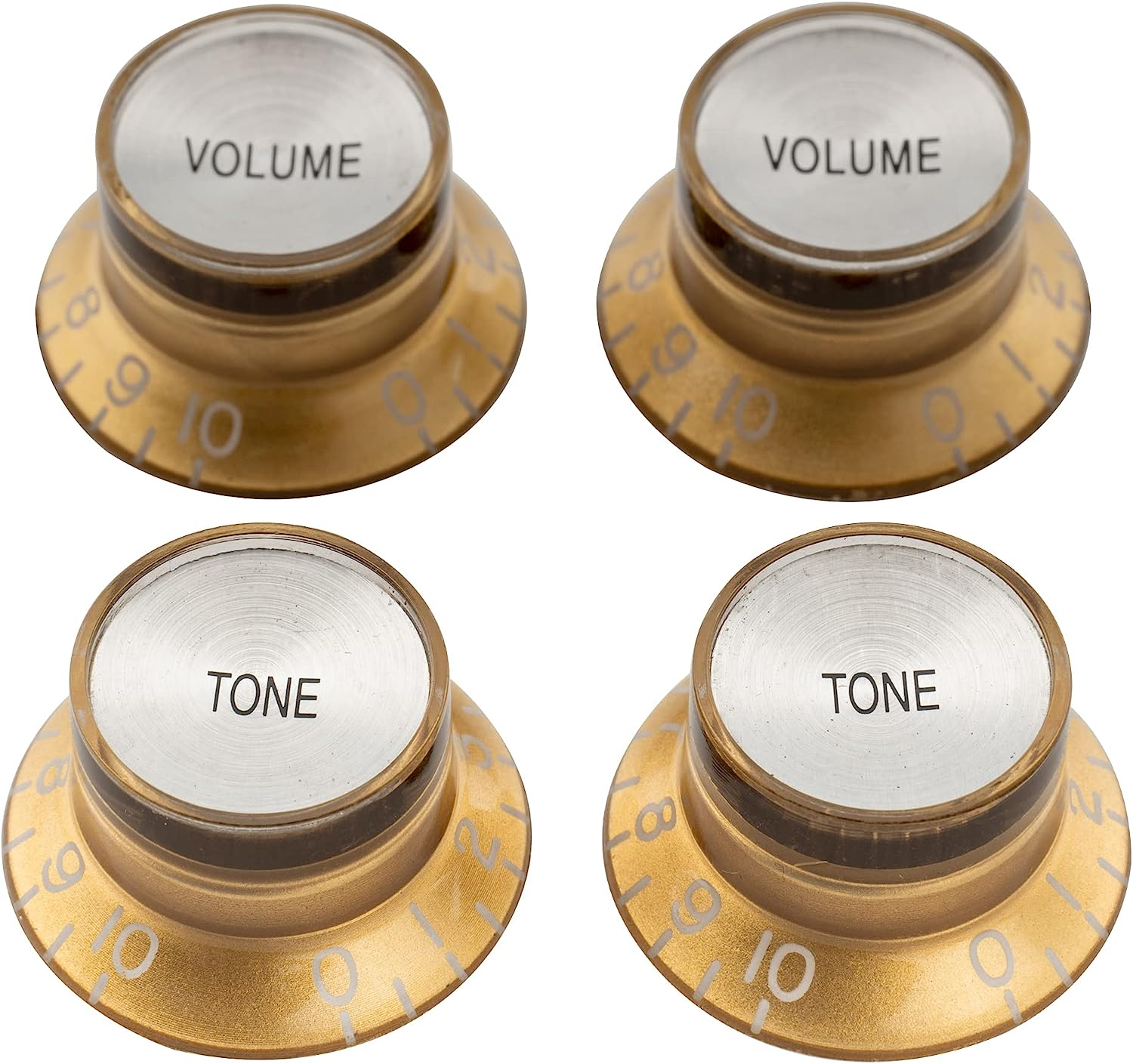 Musiclily Pro Metric Coarse 18-Spline Top Hat Bell Knobs Tone Volume Control Knobs for Epiphone LP SG Style Electric Guitar, Gold with Silver Reflector (Set of 2T2V) image number 5