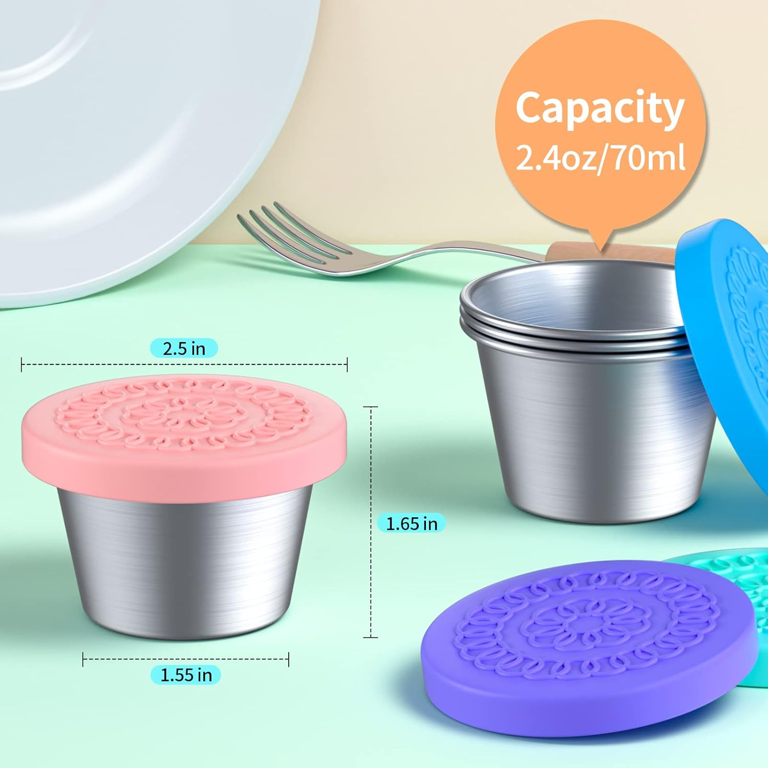 Salad Dressing Container to Go, 2.4 Oz/70Ml Snack Lunch Containers for Kids Lunch, 4 Pack Small Condiment Containers with Leakproof Lids, Reusable Sauce Cups for Kitchen School Picnic Travel,No BPA. image number 1