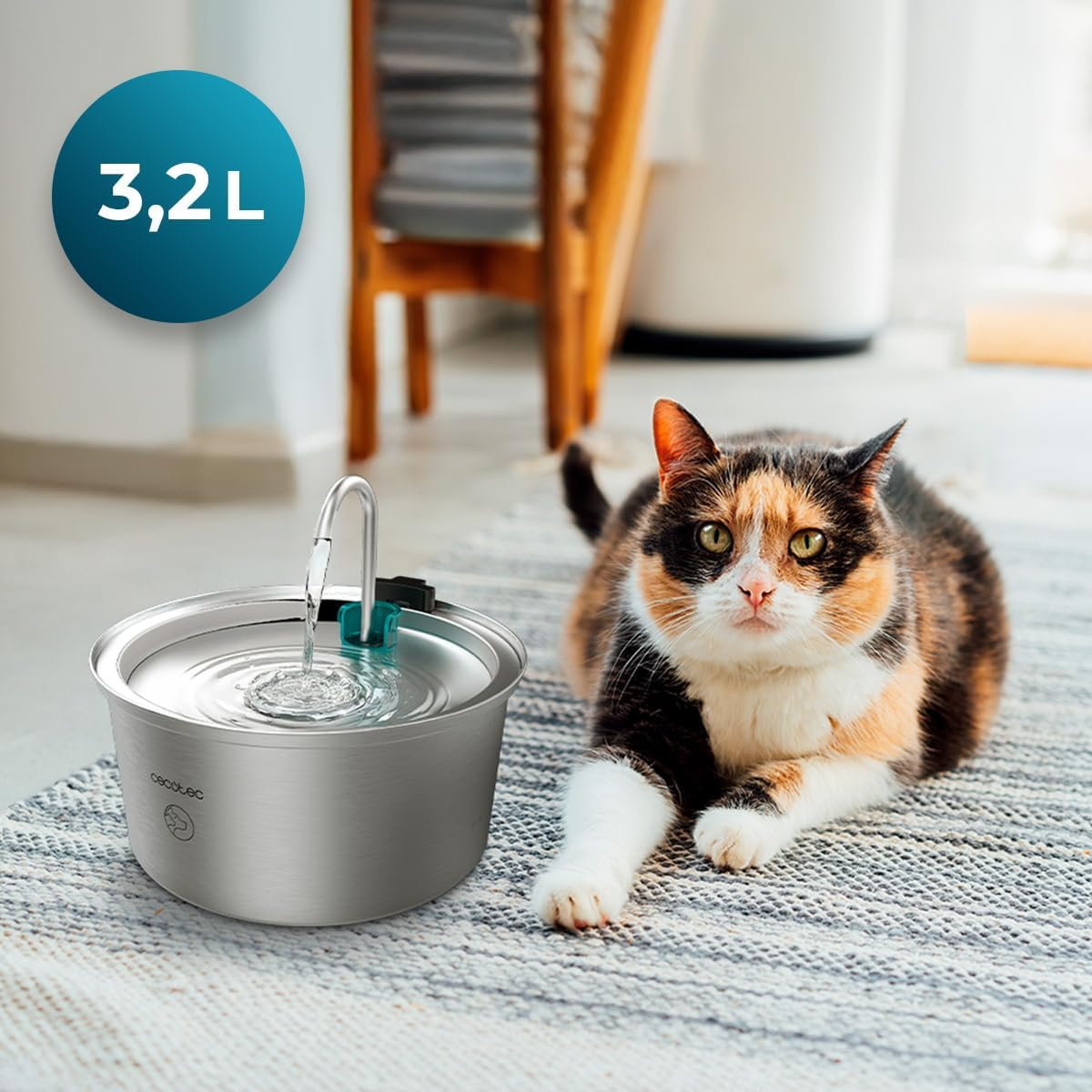 Cecotec Pumba 3200 Refresh Stainless Steel Automatic Pet Fountain for Cats, Stainless Steel, High Performance Filter, Quiet, Waterfall Design, IPX4, Easy Cleaning image number 5