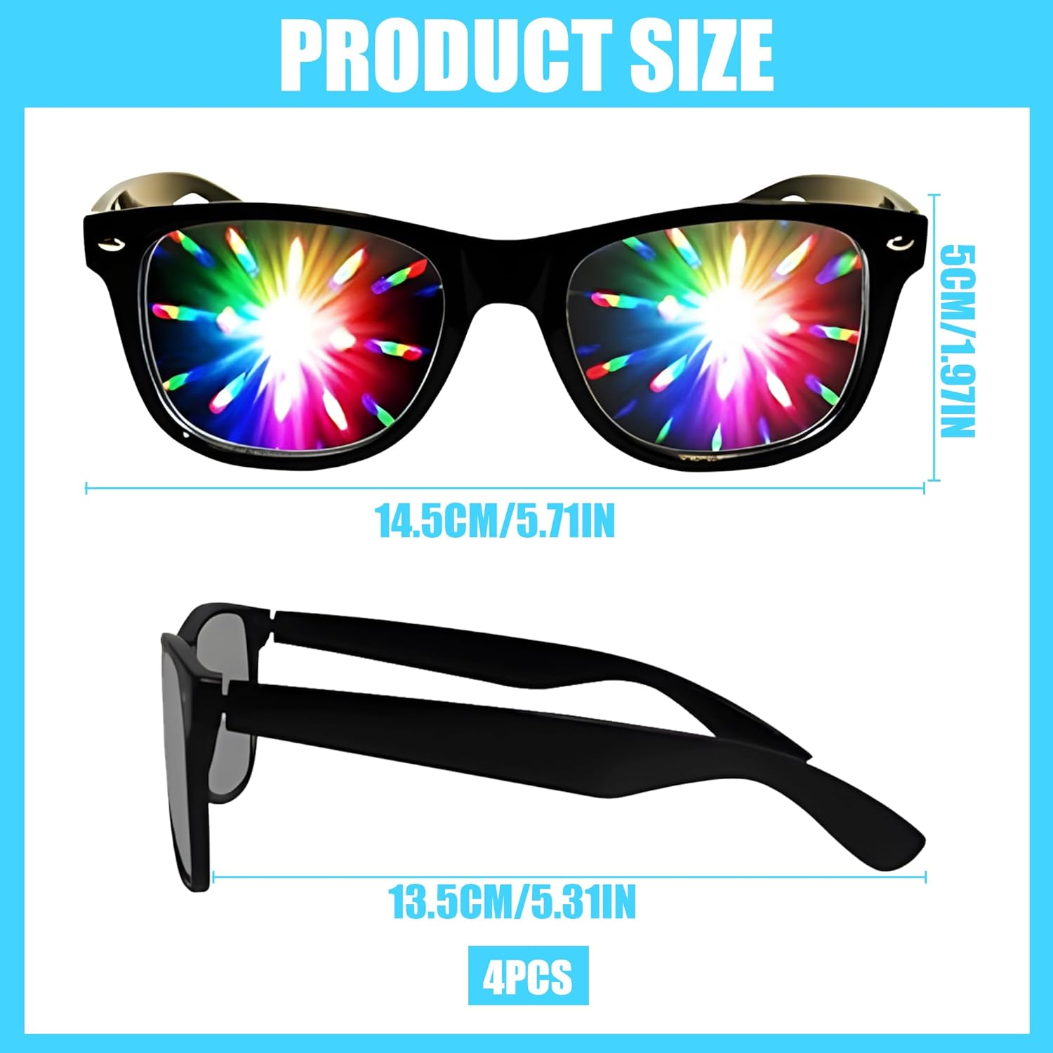 4 PCS Diffraction Glasses for Raves & Parties &ndash; 4 Kaleidoscope Effects (Heart, Star, Firework, Football), Party Sunglasses for Music Festivals, Concerts, Nightclubs & Costume Events image number 6