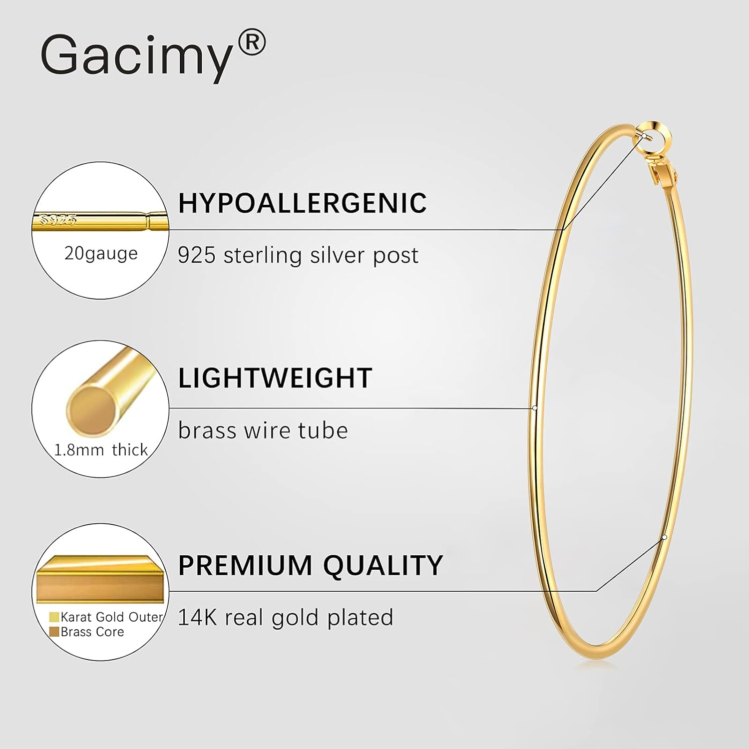 Gacimy Gold Hoop Earrings for Women 14K Real Gold Plated, 925 Sterling Silver Post Gold Hoops for Women