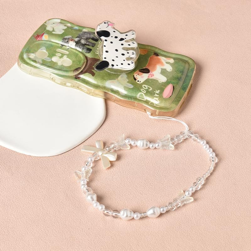 Beaded Cell Phone Lanyard for Women Girls - Bowknot Butterfly Pearl White Charm Bracelet - Handmade Anti-Lost Chain Cute Wrist Strap for Case image number 3