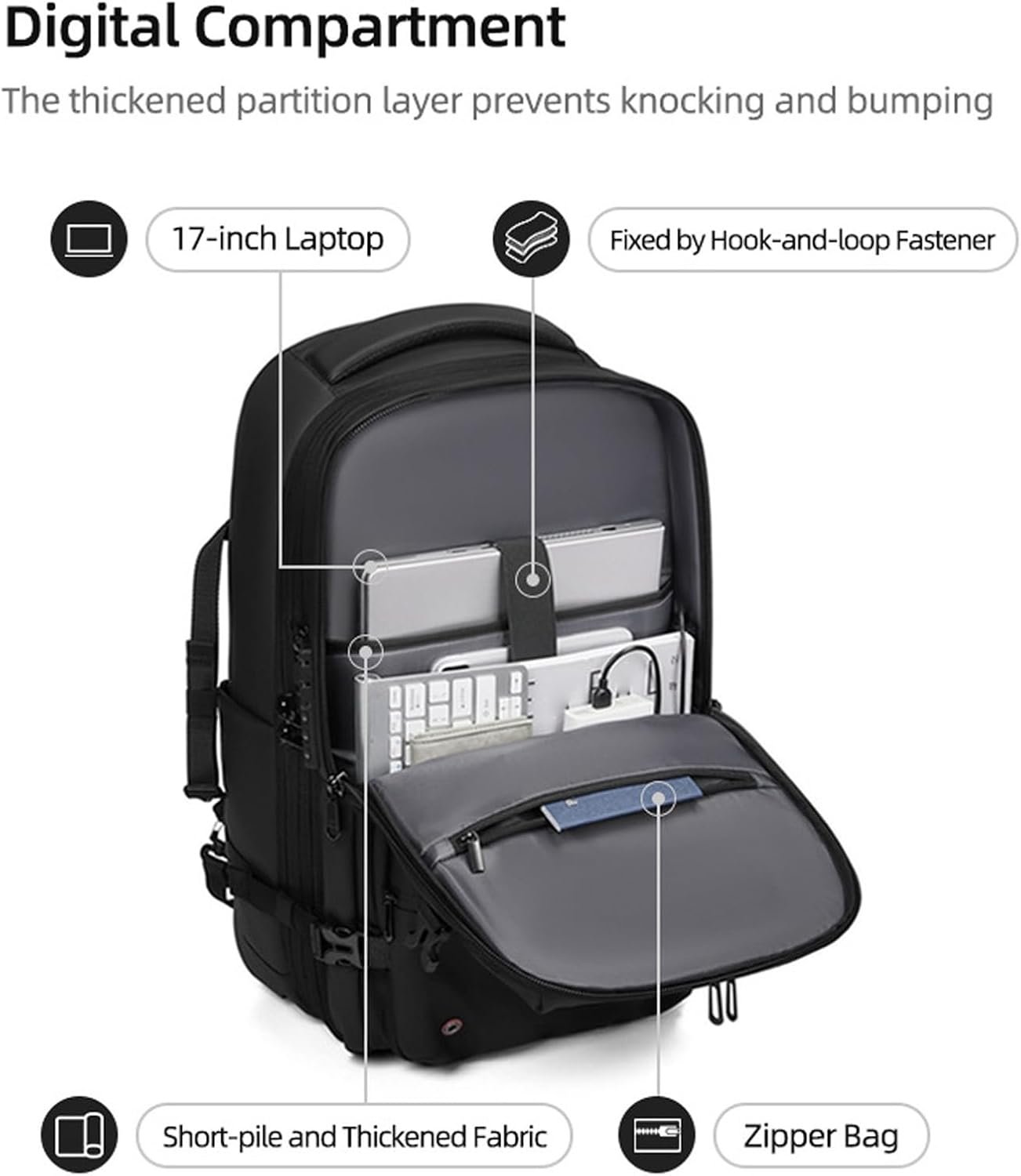 60L Large Travel Backpack with Wheels, Three-Layer Partition Design Vacuum Compression Backpack with 17 Inch Laptop Compartment & Air Pump for Men Women Adults image number 1
