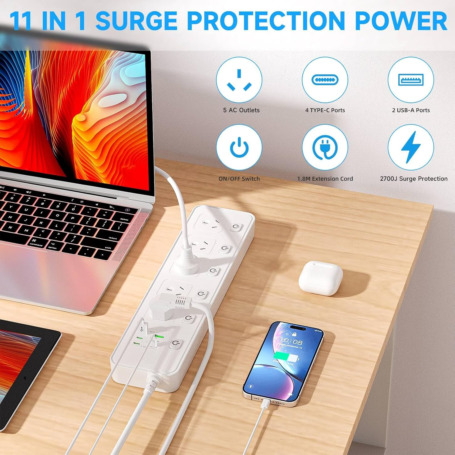 Power Board Individual Switch,11-In-1 Power Strip with 5 AC Outlets, Surge Protector Powerboard with 6 USB Ports(4 USB C Outlets), 1.8M Extension Cord Power Strip,Wall Mount for Home Office- White image number 3