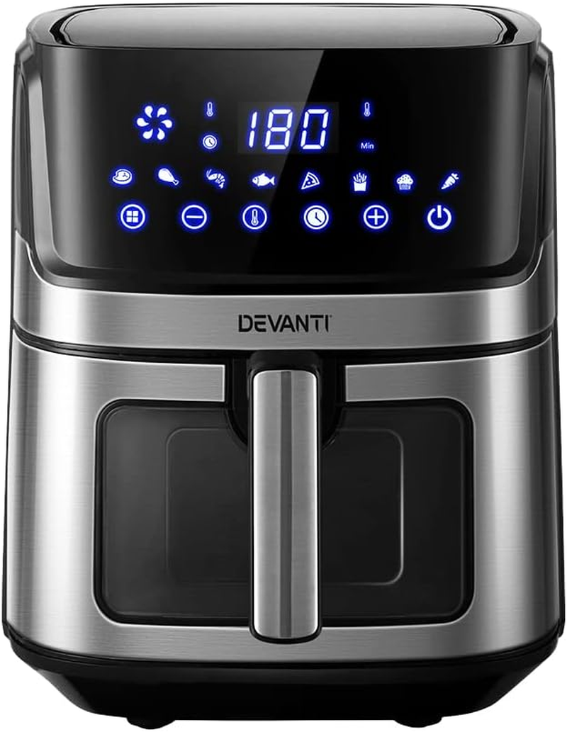 Devanti Air Fryer, 6.5L 1700W Stainless Steel Airfryer Electric Cooker Deep Fryers Rack Silicone Baking Basket Kitchen Oven Household Small Kitchens Appliances, LCD Touch Control Panel image number 6