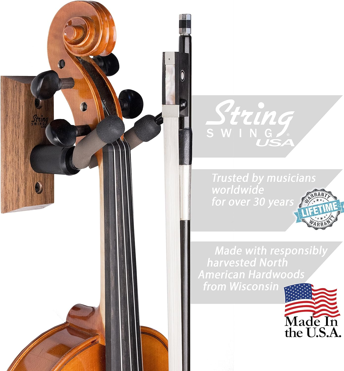 String Swing CC01V-BW Hardwood Home & Studio Wall Mount Violin Hanger - Black Walnut image number 4
